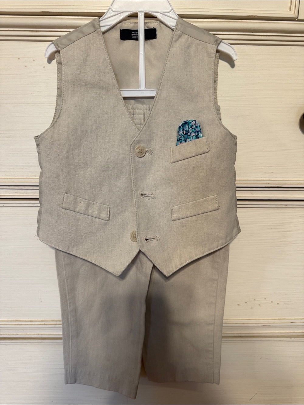 Nautica Boys Beige Linen-Look Vest & Shorts Set with Teal Pocket Square